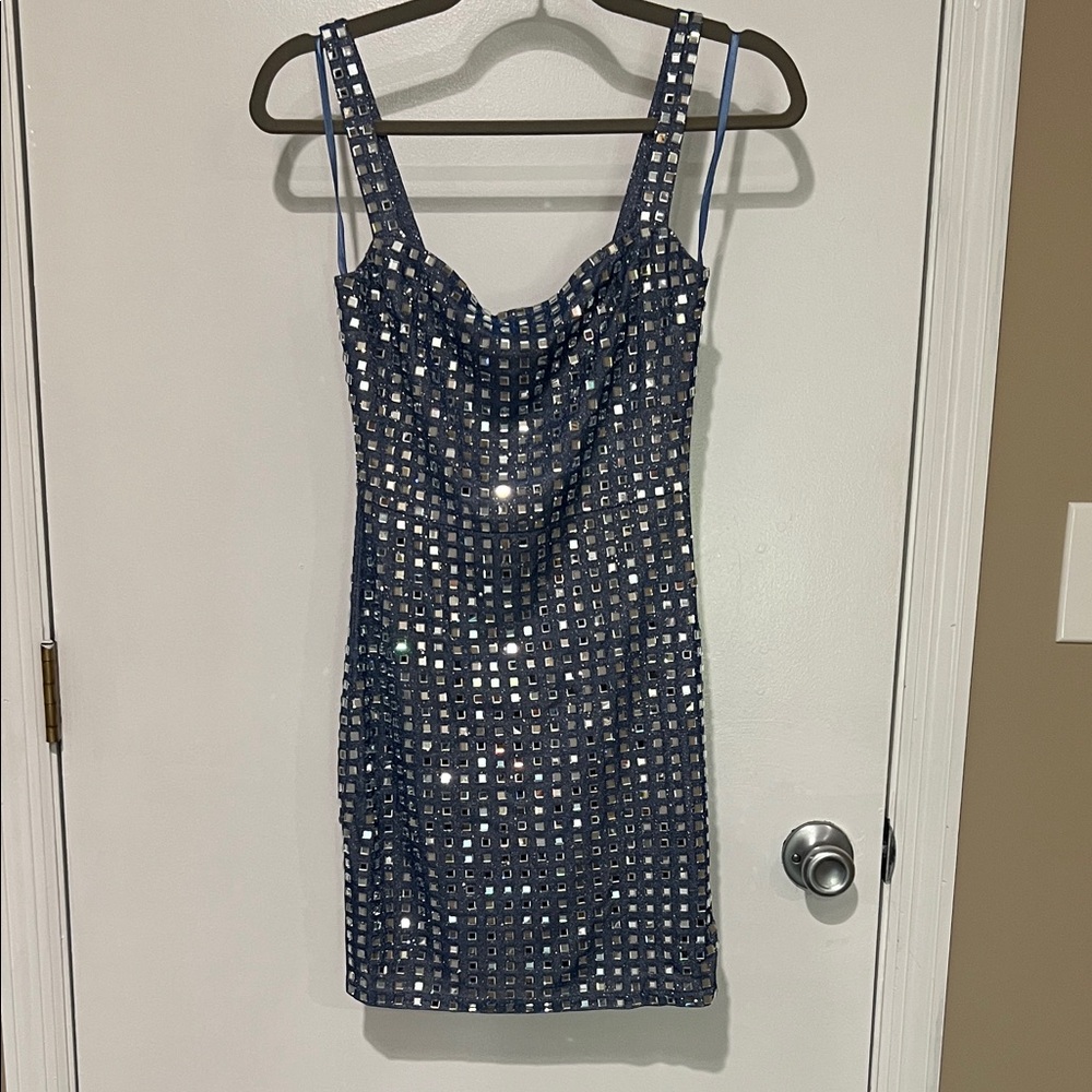 Windsor Light Blue Rhinestone and Silver Glitter Mini Dress